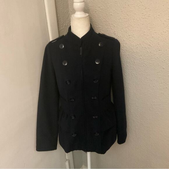 Sashimi Blue Military Ruffled Zip Front Peacoat M Preppy Winter Cozy Comfy - Picture 5 of 12